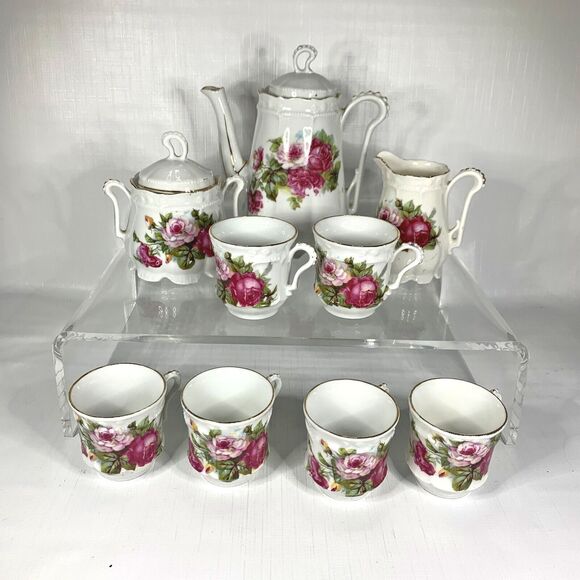 Miniature Cabbage Rose Tea Set Cream Sugar PinkPorcelain Cottage Core Vintage